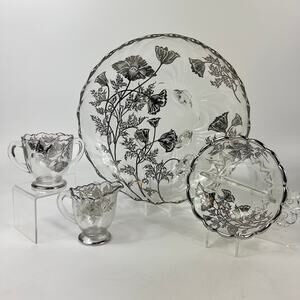 Crystal Silver Overlay Serving Dishes Set Cambridge Caprice Metallic Silver 4PC
